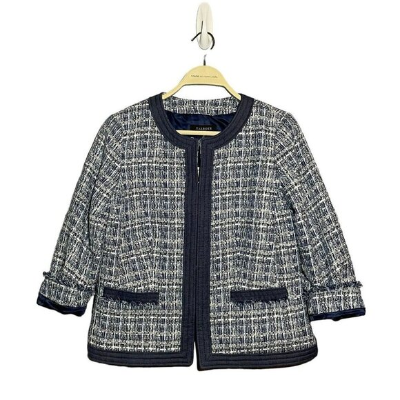 Talbots Tweed Suit Business Jacket Women Size Petite 8P Blue Pocket Grid Modern - Picture 1 of 12
